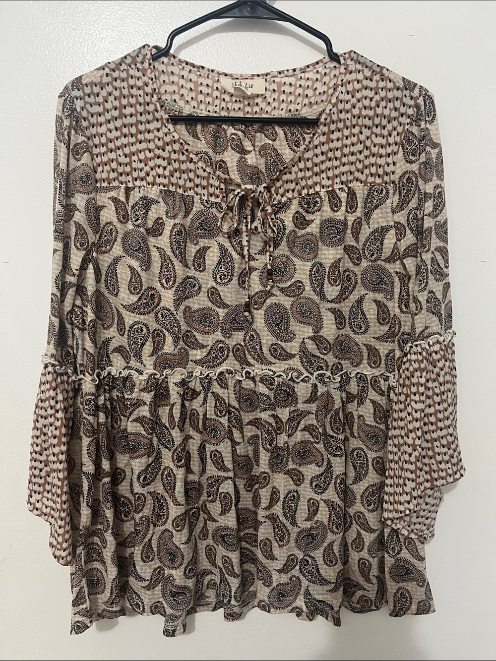 Style and Co. Beige and Brown Paisley Tie-Front Peasant Tunic
